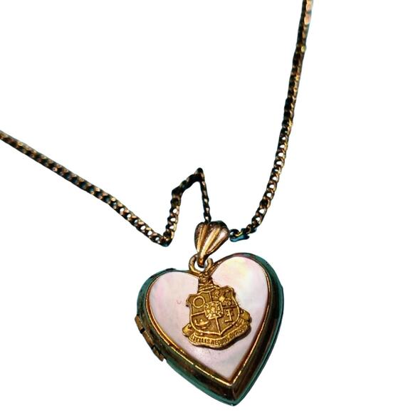 1940s Antique 12k GF Mother Of Pearl Heart Sweetheart Locket Chain Link Necklace - Picture 1 of 8